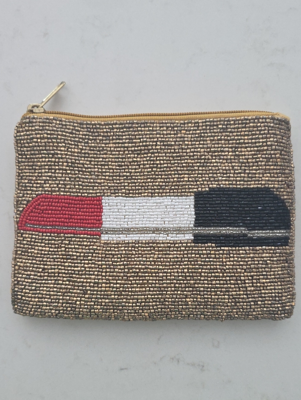 Sassy Jones Gold Beaded Pouch with Red, White & Black Lipstick Motif
